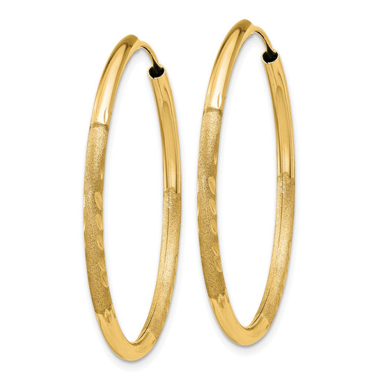 14k 2x30mm Satin Diamond-cut Endless Tube Hoop Earrings