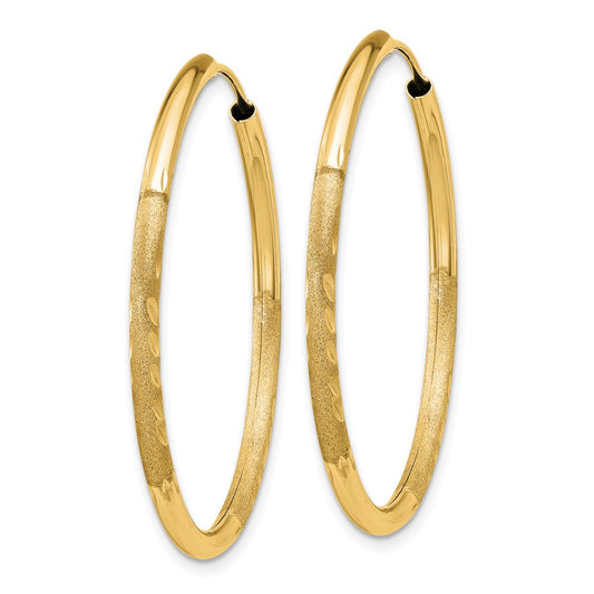 14k 2x30mm Satin Diamond-cut Endless Tube Hoop Earrings