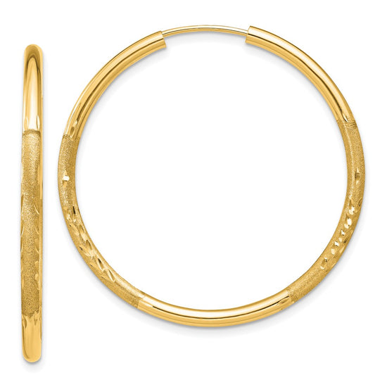 14k 2x30mm Satin Diamond-cut Endless Tube Hoop Earrings