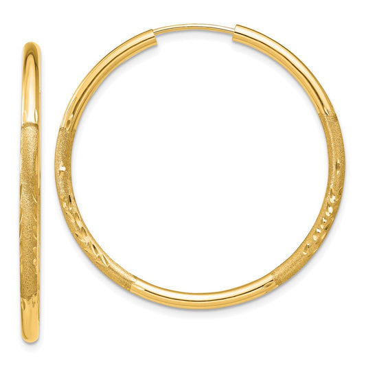 14k 2x30mm Satin Diamond-cut Endless Tube Hoop Earrings