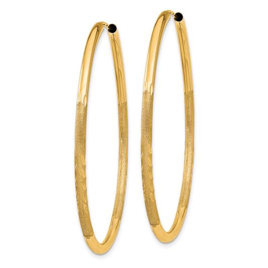 14k 2x40mm Satin Diamond-cut Endless Tube Hoop Earrings
