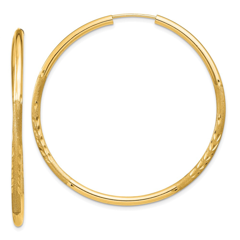 14k 2x40mm Satin Diamond-cut Endless Tube Hoop Earrings