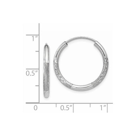 14k White Gold 2x18mm Satin Diamond-cut Endless Tube Hoop Earrings