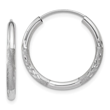 14k White Gold 2x18mm Satin Diamond-cut Endless Tube Hoop Earrings