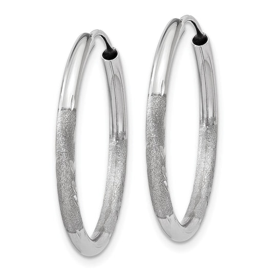 14k White Gold 2x20mm Satin Diamond-cut Endless Tube Hoop Earrings