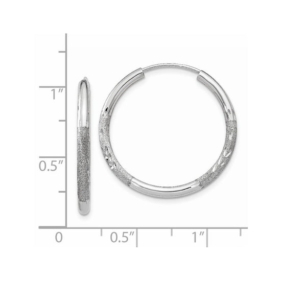14k White Gold 2x20mm Satin Diamond-cut Endless Tube Hoop Earrings