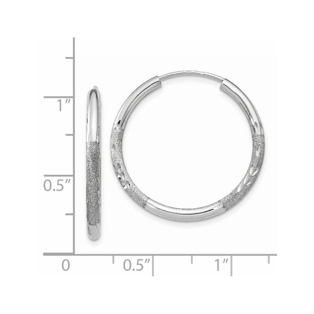 14k White Gold 2x20mm Satin Diamond-cut Endless Tube Hoop Earrings