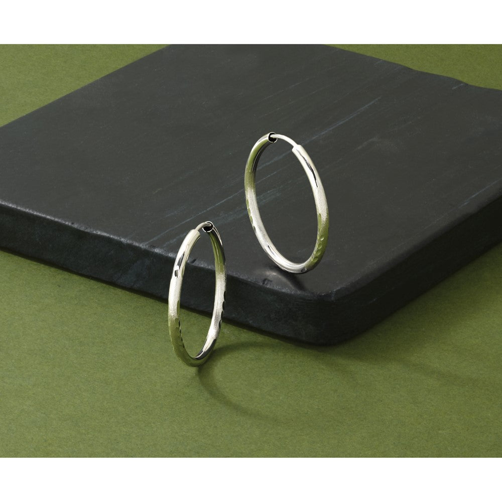 14k White Gold 2x20mm Satin Diamond-cut Endless Tube Hoop Earrings