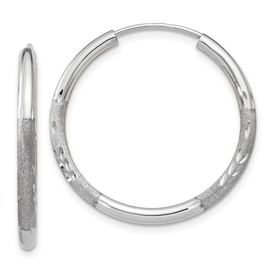 14k White Gold 2x20mm Satin Diamond-cut Endless Tube Hoop Earrings
