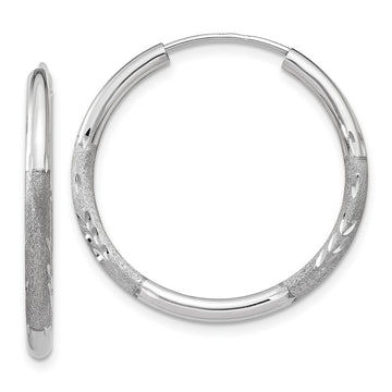 14k White Gold 2x20mm Satin Diamond-cut Endless Tube Hoop Earrings