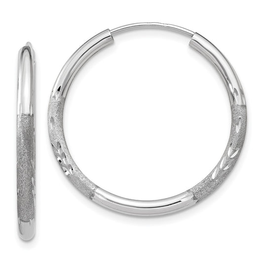 14k White Gold 2x20mm Satin Diamond-cut Endless Tube Hoop Earrings