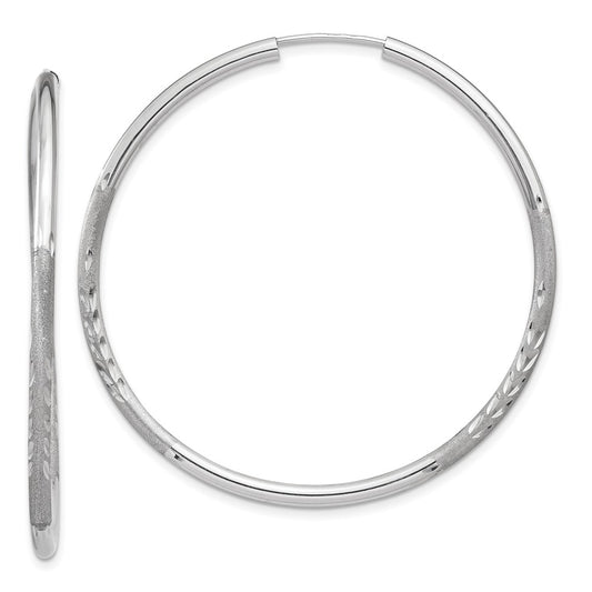 14k White Gold 2x40mm Satin Diamond-cut Endless Tube Hoop Earrings