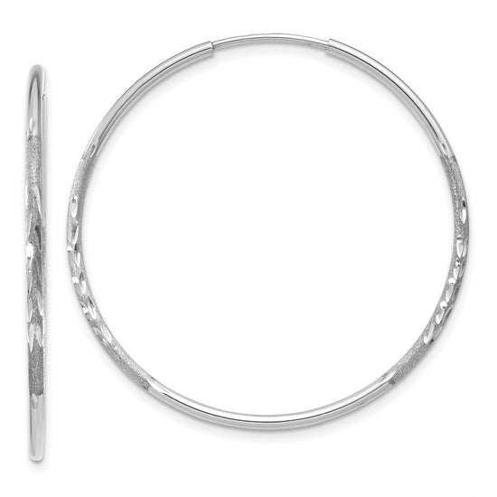 14K White Gold 1.2x30mm Satin Diamond-cut Endless Tube Hoop Earrings