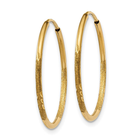 14k 1.2x20mm Satin Diamond-cut Endless Tube Hoop Earrings