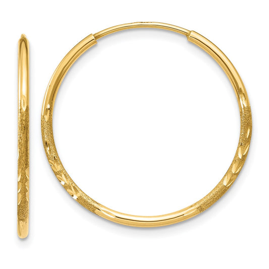 14k 1.2x20mm Satin Diamond-cut Endless Tube Hoop Earrings
