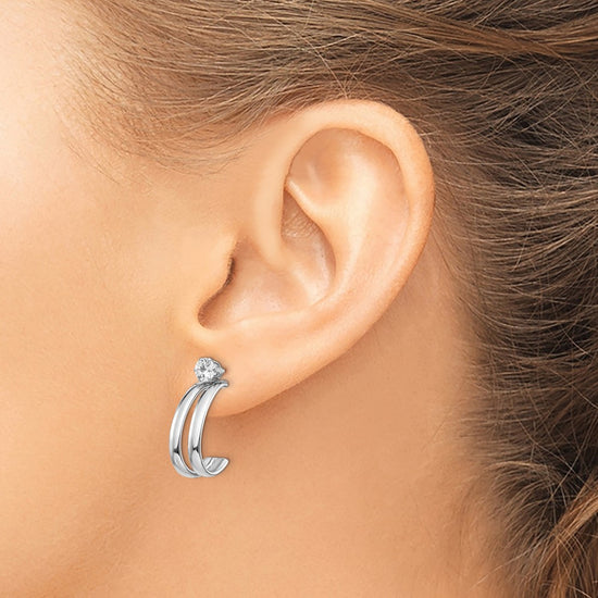 14K White Gold Polished J-Hoop Jackets with 4mm CZ Stud Earrings