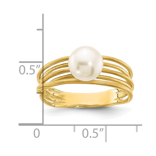 14K 7-8mm Round White Freshwater Cultured Pearl Brushed Ring