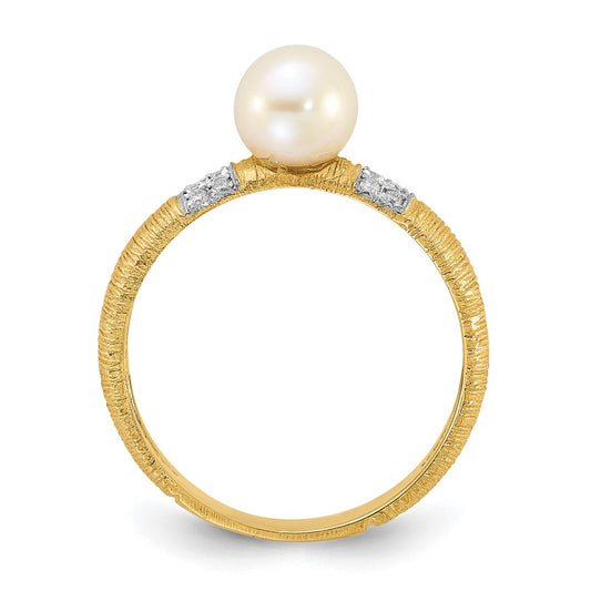 14K Textured 6-7mm Round White FWC Pearl and .09ct Diamond Ring