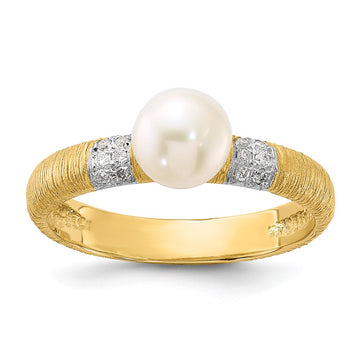 14K Textured 6-7mm Round White FWC Pearl and .09ct Diamond Ring