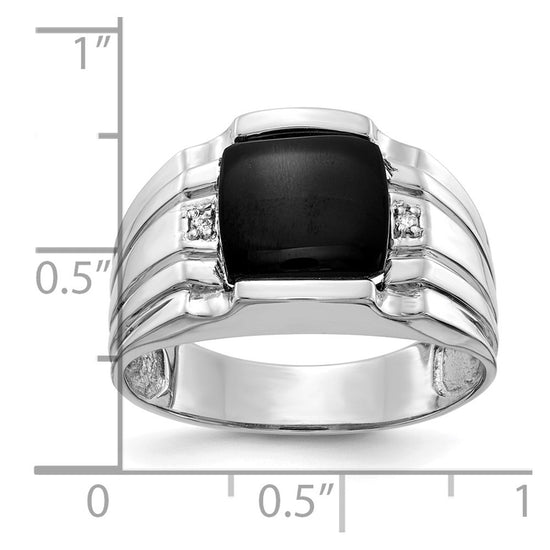 14k White Gold Cushion Onyx and VS Diamond Mens Ring