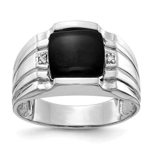 14k White Gold Cushion Onyx and A Diamond Mens Ring
