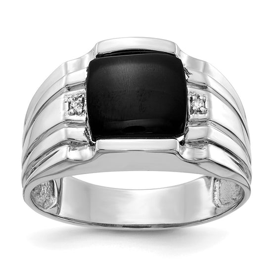 14k White Gold Cushion Onyx and VS Diamond Mens Ring