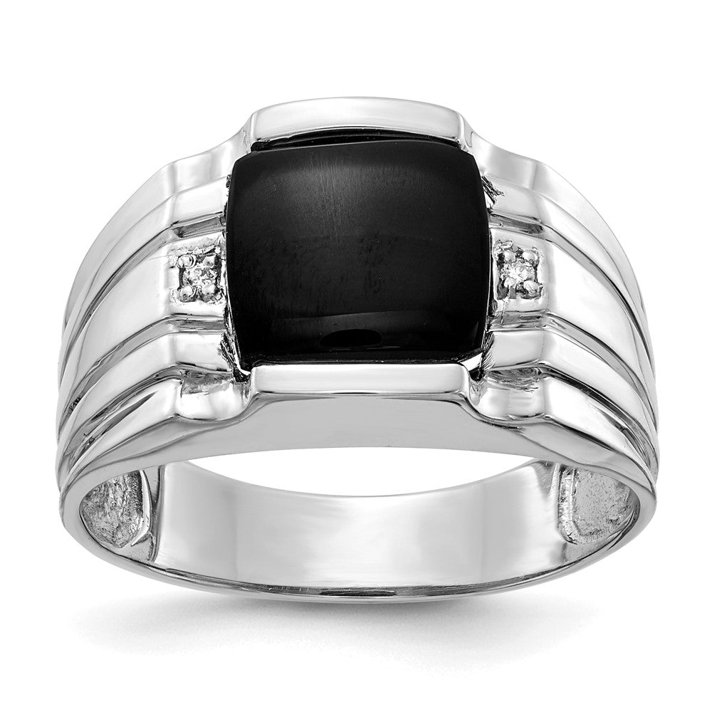 14k White Gold Cushion Onyx and VS Diamond Mens Ring