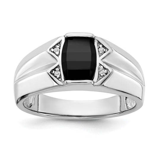 14k White Gold Onyx and A Diamond Mens Ring