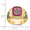 14k Men's Polished and Textured with Black Enamel and Lab Created Ruby Masonic Ring