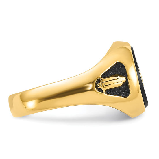 14k Men's Polished and Textured with Black Enamel and Oval Onyx Masonic Ring