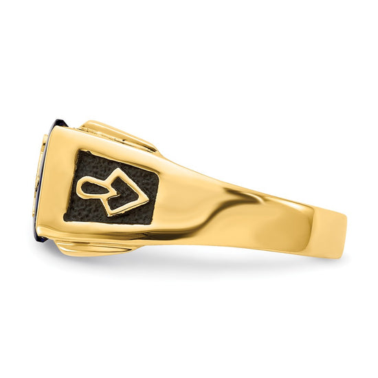 14k Mens Polished and Textured Black Enameled Imitation Blue Spinel and VS Quality Diamond Masonic Ring