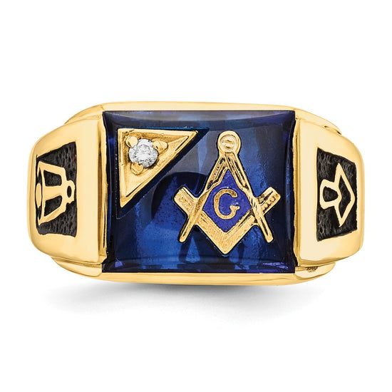 14k Mens Polished and Textured Black Enameled Imitation Blue Spinel and VS Quality Diamond Masonic Ring