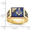 14k Mens Polished and Textured Black Enameled Imitation Blue Spinel and VS Quality Diamond Masonic Ring