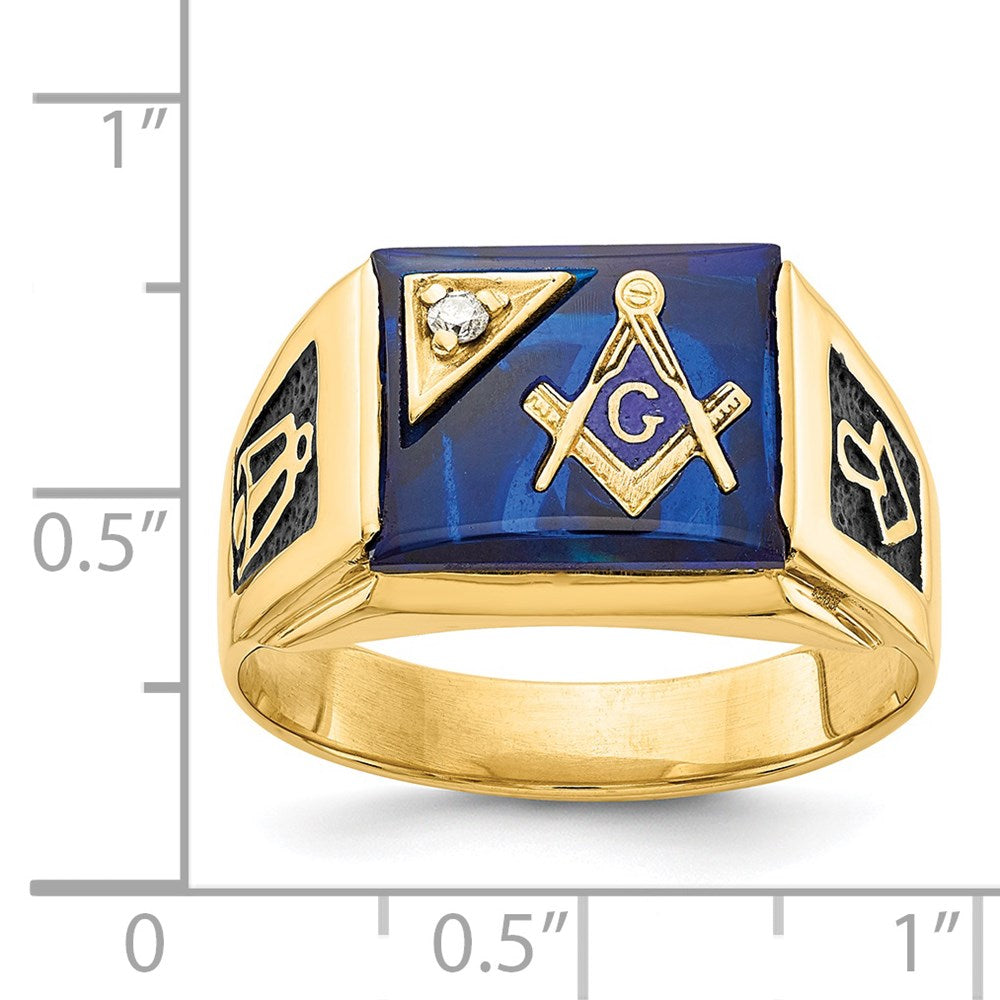 14k Mens Polished and Textured Black Enameled Imitation Blue Spinel and VS Quality Diamond Masonic Ring