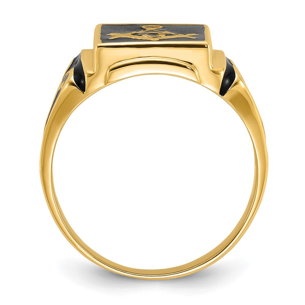 14k Mens Polished and Textured with Black Enamel Masonic Ring