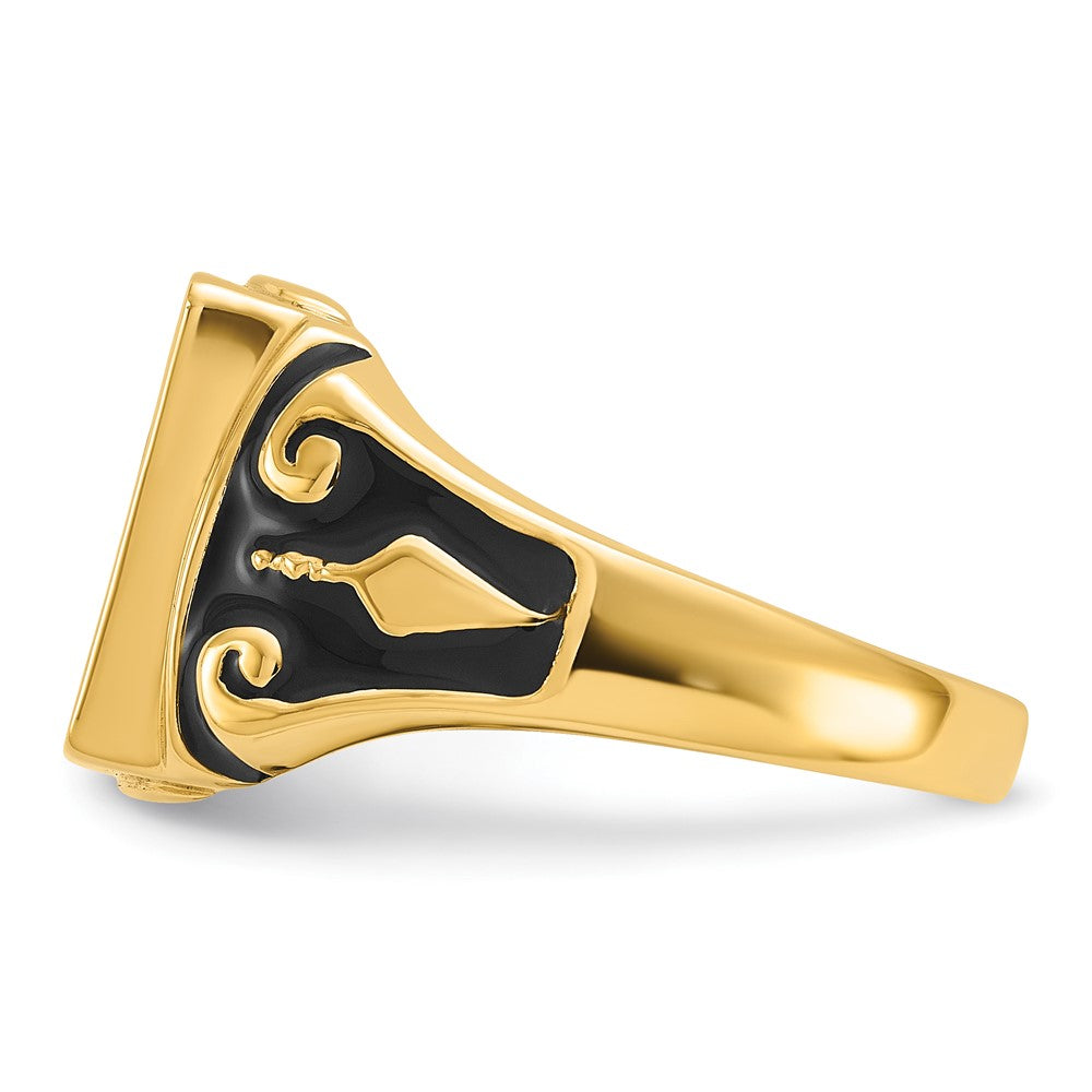 14k Mens Polished and Textured with Black Enamel Masonic Ring