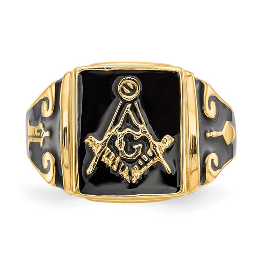 14k Mens Polished and Textured with Black Enamel Masonic Ring