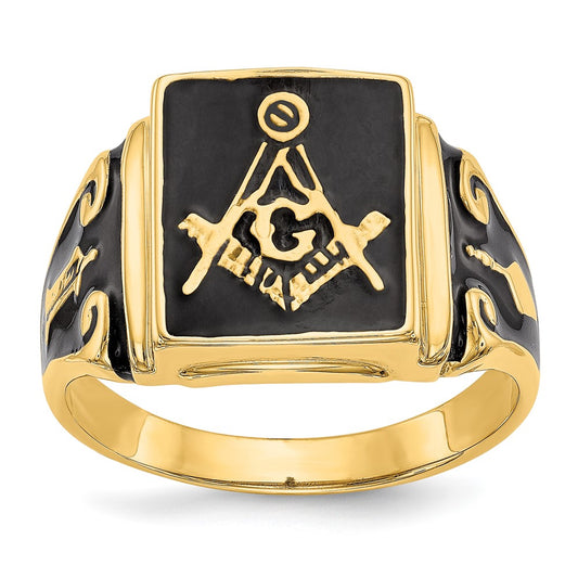 14k Mens Polished and Textured with Black Enamel Masonic Ring