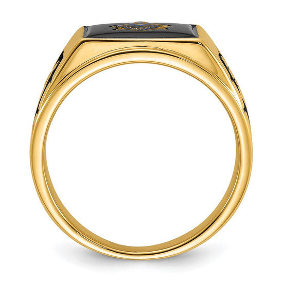 14k Mens Polished and Textured with Black Enamel and Onyx Masonic Ring