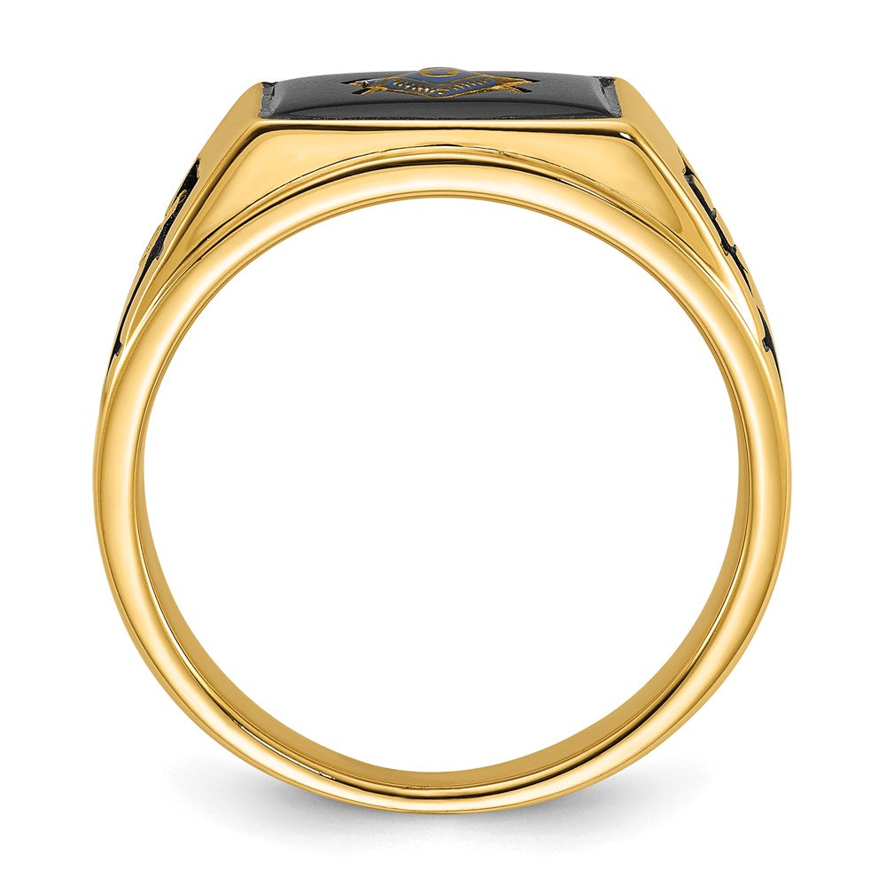 14k Mens Polished and Textured with Black Enamel and Onyx Masonic Ring