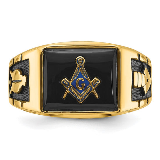 14k Mens Polished and Textured with Black Enamel and Onyx Masonic Ring
