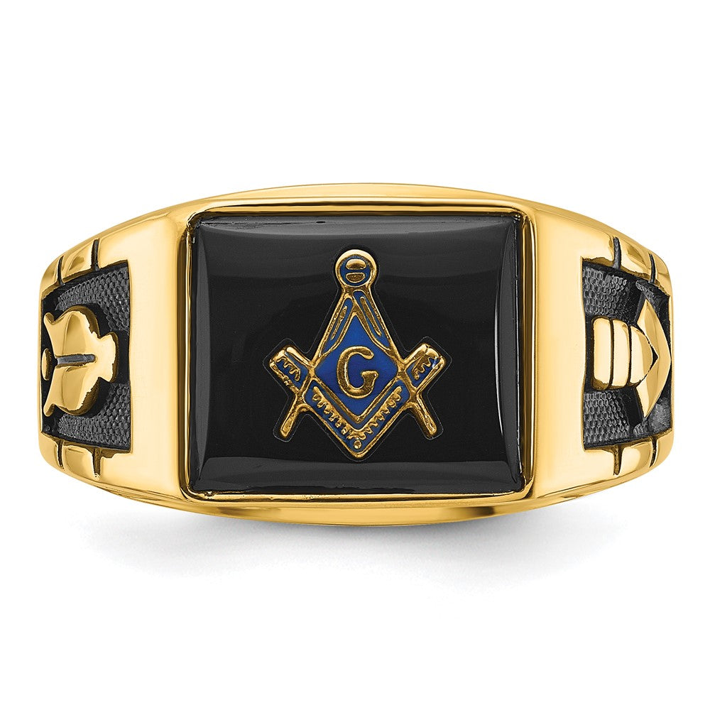 14k Mens Polished and Textured with Black Enamel and Onyx Masonic Ring