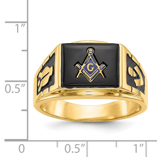 14k Mens Polished and Textured with Black Enamel and Onyx Masonic Ring