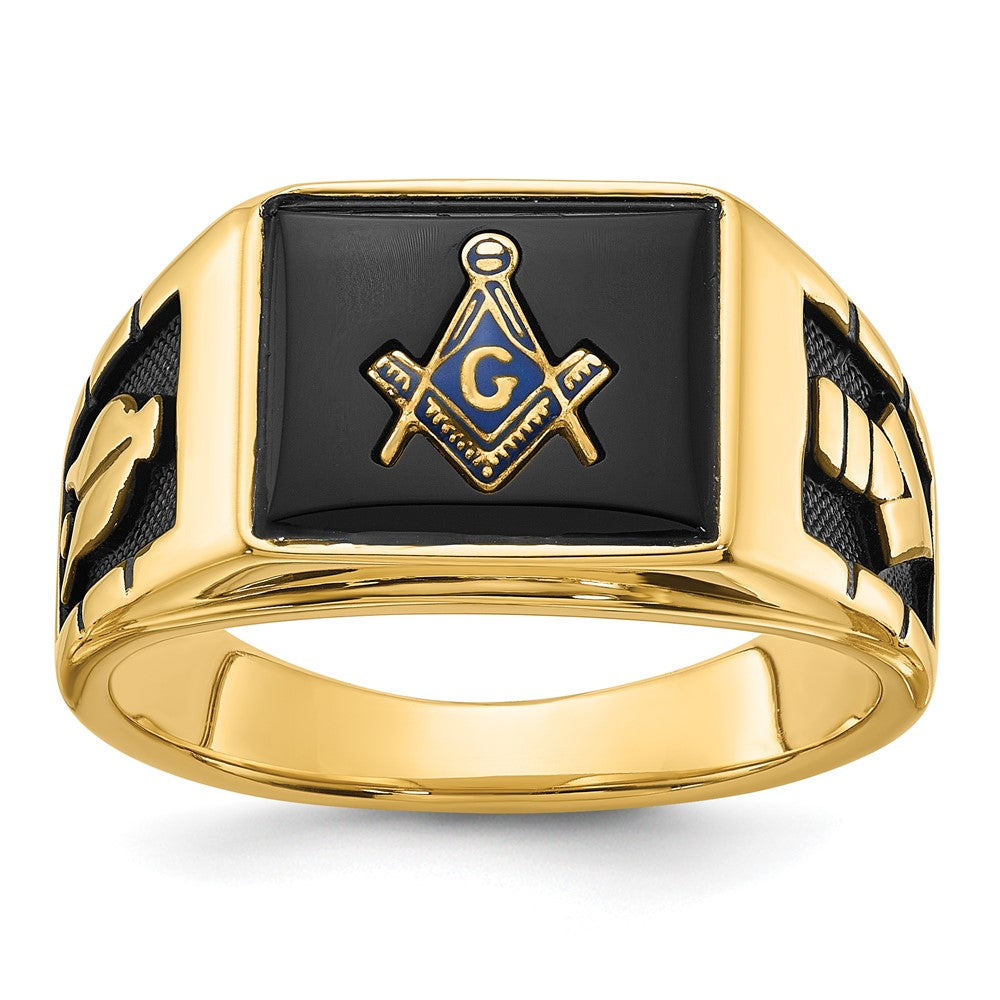 14k Mens Polished and Textured with Black Enamel and Onyx Masonic Ring