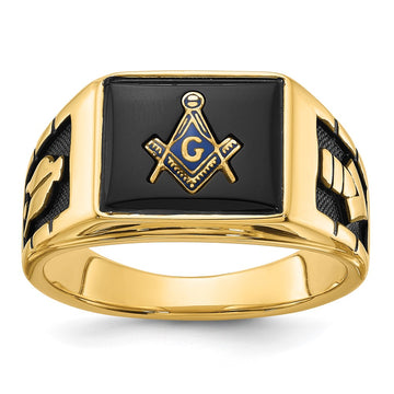 14k Mens Polished and Textured with Black Enamel and Onyx Masonic Ring