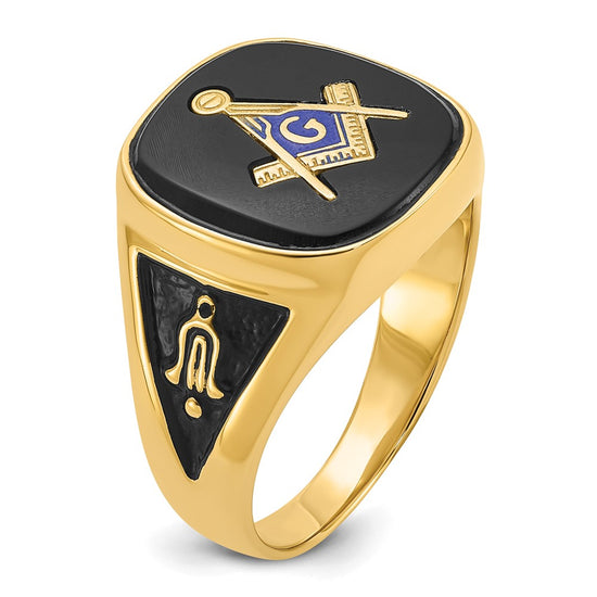 14k Men's Polished and Textured with Black Enamel and Onyx Masonic Ring