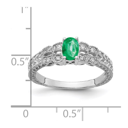 14k White Gold 6x4mm Oval Emerald and 1/10 carat AA Diamond Ring