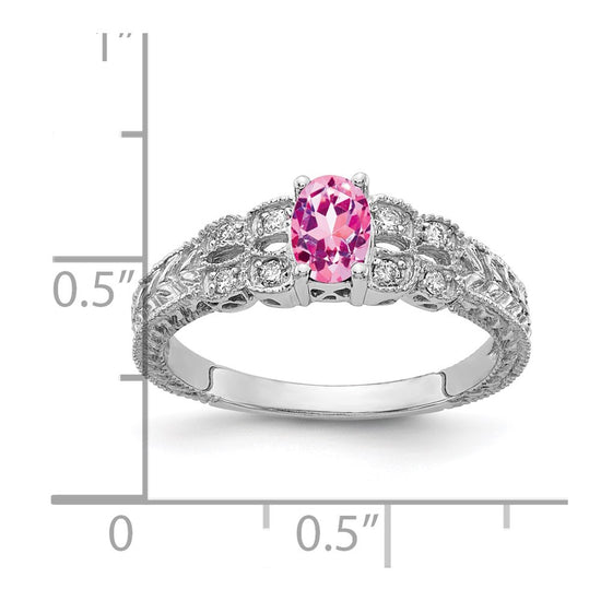14k White Gold 6x4mm Oval Pink Sapphire and 1/10 carat AAA Diamond Ring