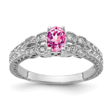 14k White Gold 6x4mm Oval Pink Sapphire and 1/10 carat AAA Diamond Ring