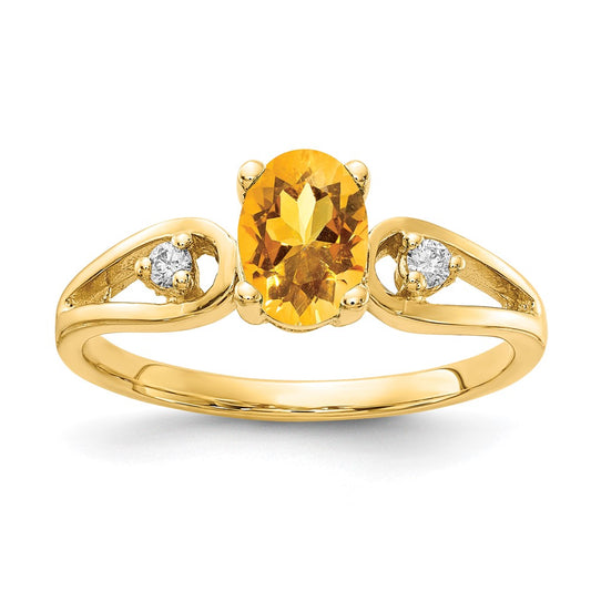 14k 7x5mm Oval Citrine and1/20 carat AA Diamond Ring